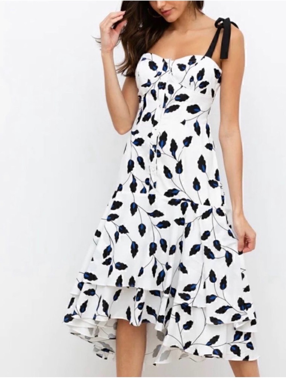 Yumi Kim White “Sweet Lady” High-Low Midi Dress with Black Tie Straps
